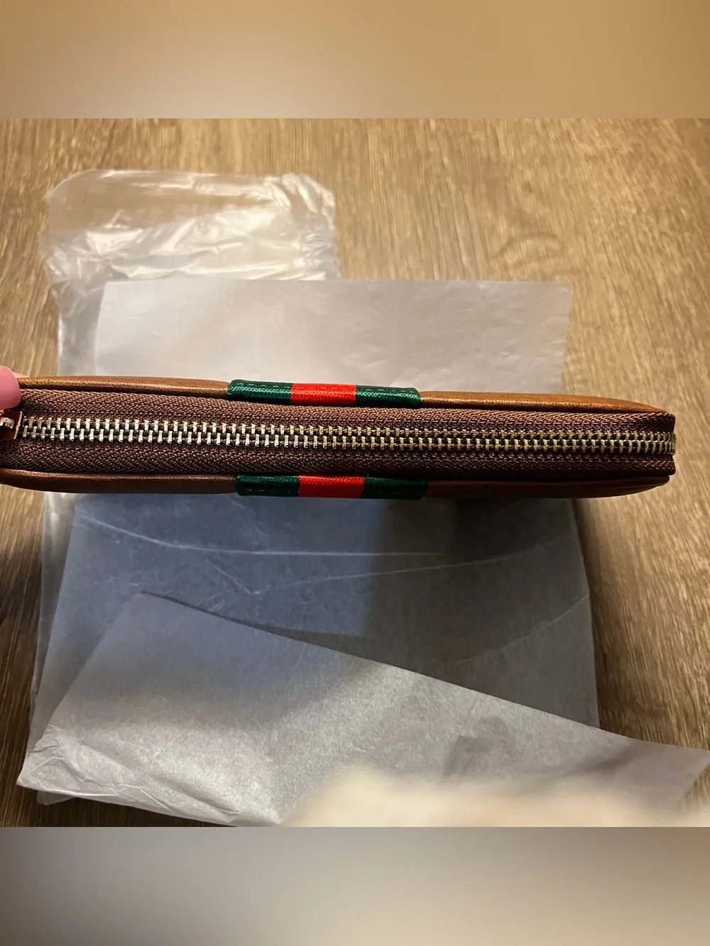 Brown Leather Zip Around Wallet Green Red Racing Stripe NWT